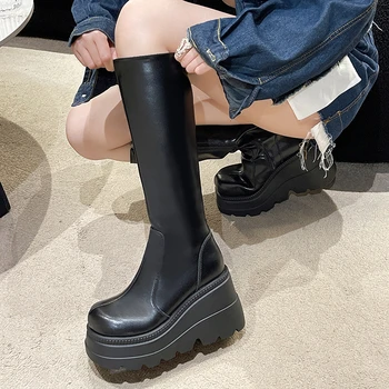 2023 נעלי נשים בגובה הברך מגפי נשים פלטפורמה מודרנית מגפי נשים מוצק תפירה Zip עגול הבוהן סופר גבוהה טריזי נעלי נשים