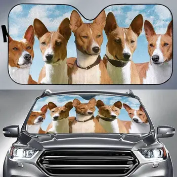 מצחיק Basenji כלבים שמיים כחולים רכב תבנית שמשיה על Basenji נאהבים, Basenji הכלב צוות שמיים רקע אוטומטי, שמש, צל, השמשה הקדמית