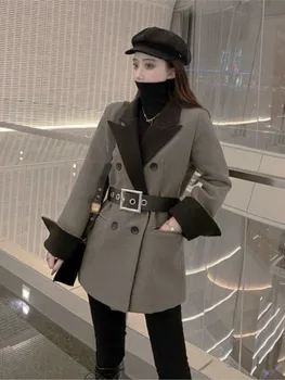 צמר נשים מעיל חורף 2023 חדשות גרסה קוריאנית סלים המותניים אמצע אורך שרוול ארוך חליפה עבה צמר מעיל