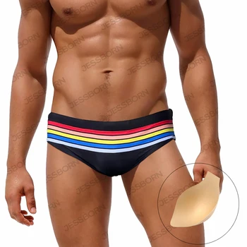 סקסי Mens בגד ים עם פסים בצבעי הקשת בגדי ים יבש מהירה שחייה תחתוני ביקיני בקיץ זכר כיס משטח חוף גלישה גזעי