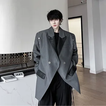 NOYMEI Mens מעילי החליפה כפול עם חזה מסמרת נישה עיצוב קוריאנית Fahsion זכר בלייזר תיקון עור מעיל הסתיו 2023 חדש WA2707