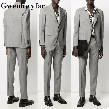 Gwenhwyfar גברים חליפות אפורות מותאם 2 חתיכות מעיל מכנסיים 2 כפתורים אחת עם חזה מחורצים דש חתונה רשמית בהזמנה אישית