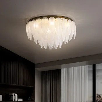 מודרני פליז זכוכית לבנה נוצה מנורת תקרה יוקרה אורות Led תפאורה הביתה Lustres Lampara Techo הסלון לחדר השינה