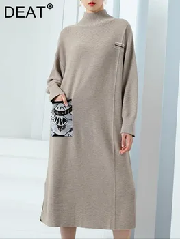 DEAT סרגה סוודר שמלת נשים שרוול מלא לעמוד צווארון בינוני ארוך כיס הדפסה קו רופף מזדמנים בסגנון וינטג ' 15KB4111