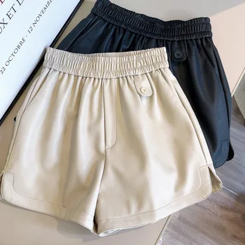 נשים גבוהה המותניים אופנה מכנסיים קצרים כל-התאמה PU המשרד סקסי רחוב אלגנטי רחב הרגל רטרו מזדמנים מכנסיים קצרים קוריאנית