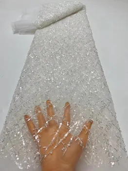 לבן אפריקאי רצף תחרה בד 2023 באיכות גבוהה פאייטים צרפתית הניגרי רקמה, נטו, בדים עבור שמלת החתונה תפירה