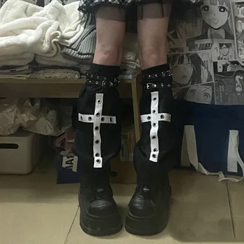 2023 נשים Harajuku מחממי רגליים Cosplay אביזרי מתכת שחורה אבזם גרב פאנק הגותי Kawaii Y2K אתחול גרביים אופנת רחוב