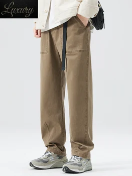 2023 חדש סתיו של גברים מזדמנים מכנסיים בצבע אחיד שטף כותנה רחב הרגל באגי מכנסיים לגברים ישר מטען עם חגורות