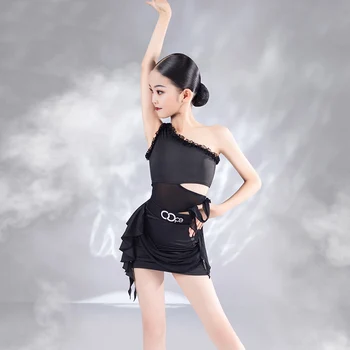 שחור Off-הכתף הלטינית שמלת ריקוד בנות לפצל את החליפה בגד גוף חצאית רומבה רקדנית בתלבושת ילדים סמבה אימון בגדים YS4919