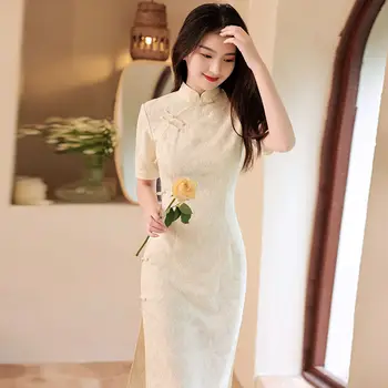 הקיץ Cheongsam החדש בחורה צעירה בסגנון סיני צ ' יפאו רטרו להתלבש בינוני ארוך לבן מתוק יומי שמלת מסיבת 2022
