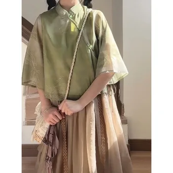 סינית מסורתית שמלת חליפת חצאית ז 'קט ירוק בקיץ וינטאג', חצאית סט מודרני בגדי נשים