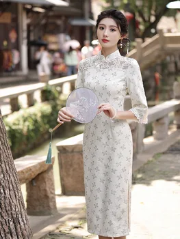 בציר מנדרין צווארון שנות ה-שיפון באורך סיני הכלה החתונה Cheongsam נשים יומי שמלה סלים תחרה צ ' יפאו פאטאל