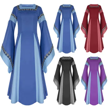 2022 ימי הביניים בד שמן מקסי ארוכות Medieva שמלות שמלות בוהו איכר פרוצה ויקטוריאני שמלת וינטג שרוול ארוך שמלת הרנסנס
