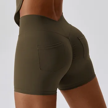 קיץ נשים יוגה מכנסיים קצרים עם כיסים גבוהה המותניים מועכת ספורט מכון כושר מזדמנים מכנסיים צמודים היפ הרמת ספורטוויר