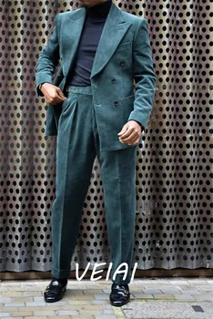 קורדרוי שיא דש חליפות גברים תחפושת Homme החתונה Masculino Terno טוקסידו חתן Slim Fit הנשף בלייזר 2 חתיכות ג ' קט+מכנסיים
