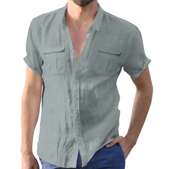 2023 חדש אופנה חולצה לגברים מוצק צבע כותנה פשתן חופשי העליון שרוול קצר דש החולצה קיץ יומי נאה בגדים