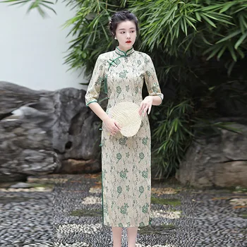 רזה סקסית תחרה Cheongsam בציר הדפסה סינית מסורתית שמלות נשים של אמצע אורך Vestidos אלגנטי הכלה החתונה צ ' יפאו