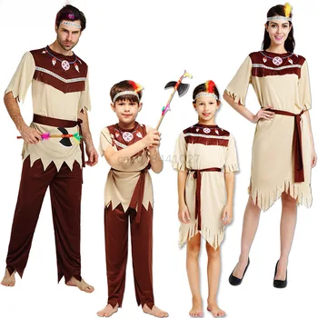 ליל כל הקדושים הורה-ילד תחפושות למבוגרים ילדים Cosplay אינדיאנים פראיים תחפושת איפור הופעת ריקוד תלבושות
