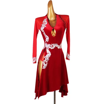 לטינית תחרות ריקוד חצאית נשים אדום אלגנטי לטיני שמלה למבוגרים שרוול ארוך רגיל רומבה סמבה ריקודים לטיניים השמלה