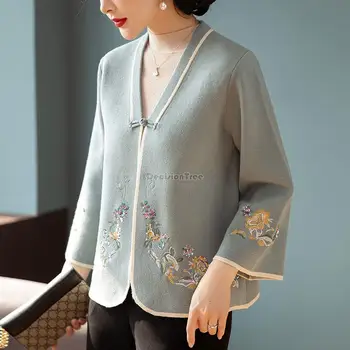 2023 הסיני של נשים v-צוואר שרוול ארוך רקמה טאנג חליפה העליון גודל גדול סרוג האפוד אביב 