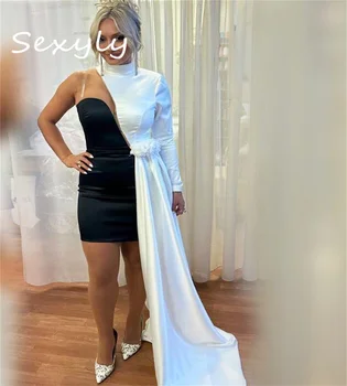 ייחודי שחור לעומת לבן שמלת ערב WWith הרכבת כתף אחת שרוול ארוך קצר קוקטייל שמלה למסיבת 2023 דובאי ערבית הנשף