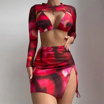 2023 חדש סקסי 4 חתיכת בגד ים חוף בגד ים גבוה המותניים בגדי ים לקשור צבע ביקיני סט נשים שרוול ארוך לכסות עם החצאית