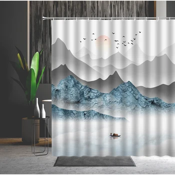 עמיד למים וילון מקלחת בסגנון סיני נוף לציור מופשט 3D הדפסה במכונה עם ווים וילונות אמבטיה להגדיר