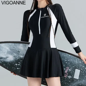 VigoAnne סקסי מוצק טלאים השמלה בגדי ים נשים 2023 ספורט שרוול ארוך בגד ים חתיכה אחת קוריאנית Monokini החוף בבגד ים