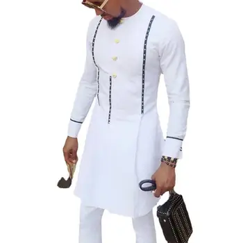 חדש ב-אפריקאי בגדים עבור אדם דאשיקי שרוול ארוך חולצה לבנה מכנס-סט Mens 2 חתיכות תלבושת כפתור קישוט זכר .