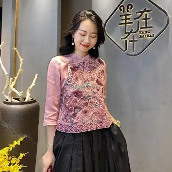 סינית מסורתית בגדים אביב סתיו נשים חולצה אלגנטית פרח רקמה, כותנה, פשתן cheongsam חולצות חצי שרוול, חולצות