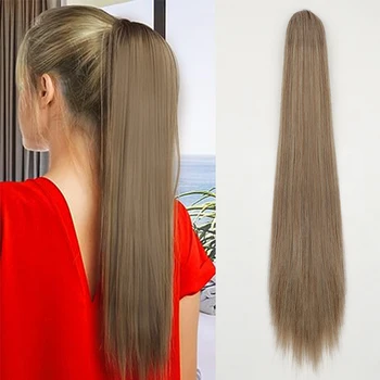 30inch ישר שרוך הקוקו הארכת שיער לנשים בלונדינית סינתטי ארוך ישר קליפ פוני זנב מזויף חתיכת שיער