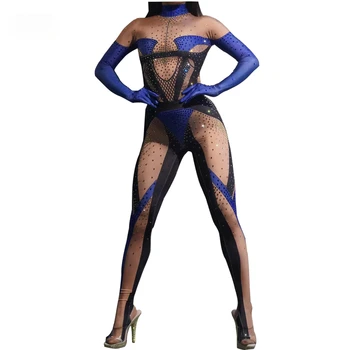 סקסית כחול ורוד נצנצים סרבל נשים מועדון לילה הדפסה בגד גוף ריקוד תלבושת למסיבת יום ההולדת מוט בר זמר דראג קווין הבמה.