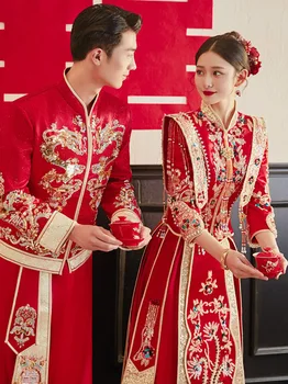נשים הדרקון פיניקס רקמה יוקרה מודרנית הסיני מסורתי שמלת כלה ארוכה בסגנון מזרחי הכלה החליפה