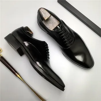 גברים אוקספורד Brogue אמיתיים נעלי עור שחור חום בסגנון קלאסי הראש מרובע תחרה רשמי נעלי חתונה המשרד השמלה גברים