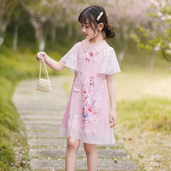 2023 הקיץ החדש Vinatge הסיני צ ' יפאו פרח שמלת ילדה טאנג חליפת ילדים בגדי ילדים Hanfu פרח הדפסה Cheongsam עבור בנות