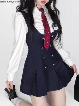 הסתיו היפני Kawaii תלבושת בית הספר נשים קוריאני חמוד סטודנט JK המדים וינטג', חולצה לבנה ורצועת להתלבש סטים 2023