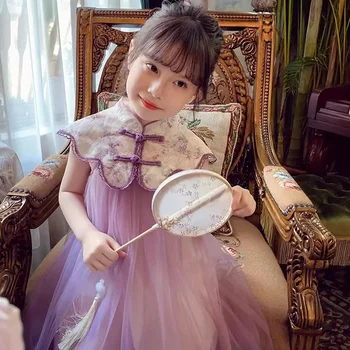 2023 2-11Y סיני Cheongsam עבור בנות תחרה גזה Hanfu שמלות הילדים סגול שרוול קצר צ ' יפאו הנסיכה קיץ יומי שמלה