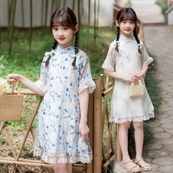 בנות מקסימות פרח הדפסה השמלה 2023 קיץ חדש תחרה Cheongsam ילדים ילדים סינית נסיכה שמלות טאנג חליפת בגדים Hanfu