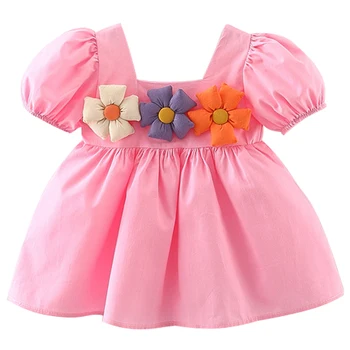 קיץ לתינוק הנולד בגדים לפעוטות שמלות ילדה קוריאנית קריקטורה חמוד פרחים שרוול קצר מכותנה הנסיכה שמלת יום ההולדת BC1749