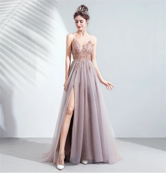 ספגטי רצועה אלגנטית נסיכת שמלה קו שסע שמלות לנשף חצי רשמי הנשף שמלת מסיבת לנשים