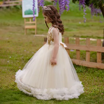 מקסים מדבקות פרח ילדה שמלות רכות קשת הטקס הראשון הולדת בנשף החתונה ללבוש רשמי אירועים בגדי ילדים לבצע