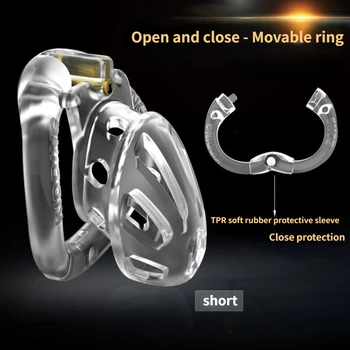 פלסטיק Openable בסיס הפין טבעת זין כלוב עם 4 טבעות גודל זכר צניעות מכשיר למבוגרים המשחק טבעת זין צעצועי מין לגברים הומואים