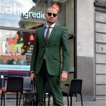 מותאם סגנון מקרית ירוק בגדי גברים לחתונה 2 חלקים(ג ' קט+מכנסיים+עניבה)Slim Fit המותאמים גרם החתן טוקסידו בלייזר מכנסיים