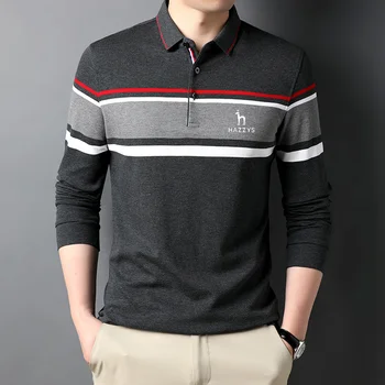 HAZZYS גברים של ביגוד גולף סתיו/חורף דק שרוול ארוך חולצת פולו פסים הגירסה הקוריאנית צבע טלאים דש החולצה.