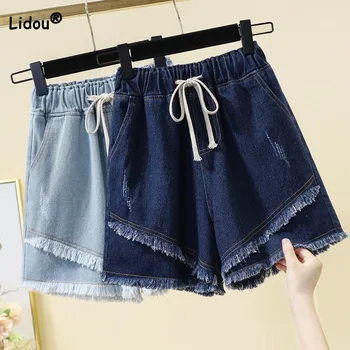 אופנת נשים כל-התאמה משולבים מכנסי ג ' ינס קצרים הקיץ הקוריאני מקרית מוצק אלסטי שרוך רחב הרגל קצרים נקבה בגדים