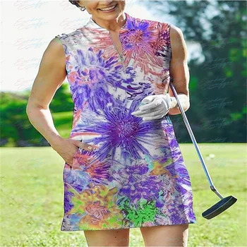 מודפס גולף של נשים ללא שרוולים שמלה מזדמן ספורט לנשימה מהירה ייבוש אימון ריצה כושר שמלה קצרה משולב