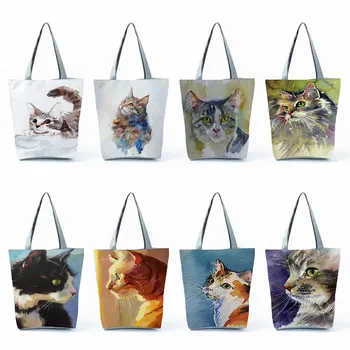 יצירתי מודפס תיק טוטס חתול חמוד ציור שמן של נשים מעצב תיק מותאם אישית קיבולת גבוהה לסביבה לשימוש חוזר שקיות קניות