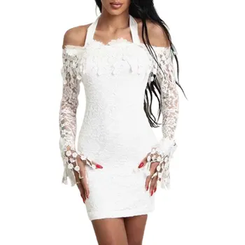 2023 לבנה סקסית שמלת תחרה שרוול ארוך לנשים שמלת Bodycon מחוץ כתף תחרה מסיבת חתונה Clubwear ערב קצרה, שמלת מיני