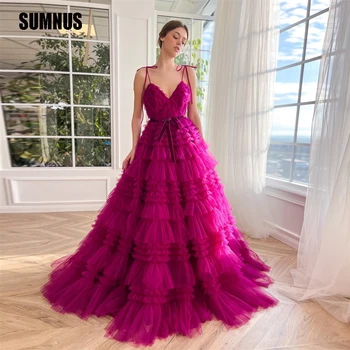 SUMNUS הפוקסיה טול שכבתית קו שמלות ערב V-צוואר ספגטי רצועת רשמי זמן מסיבה שמלות מותאמות אישית עבור נשים 2023