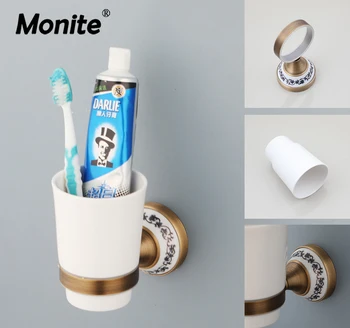 Monite אופנה רטרו מברשת השיניים קרמיקה גביע קיר רכוב עם וינטג ' בדוגמת אליפסה בסיס אביזרי אמבטיה קל להתקין